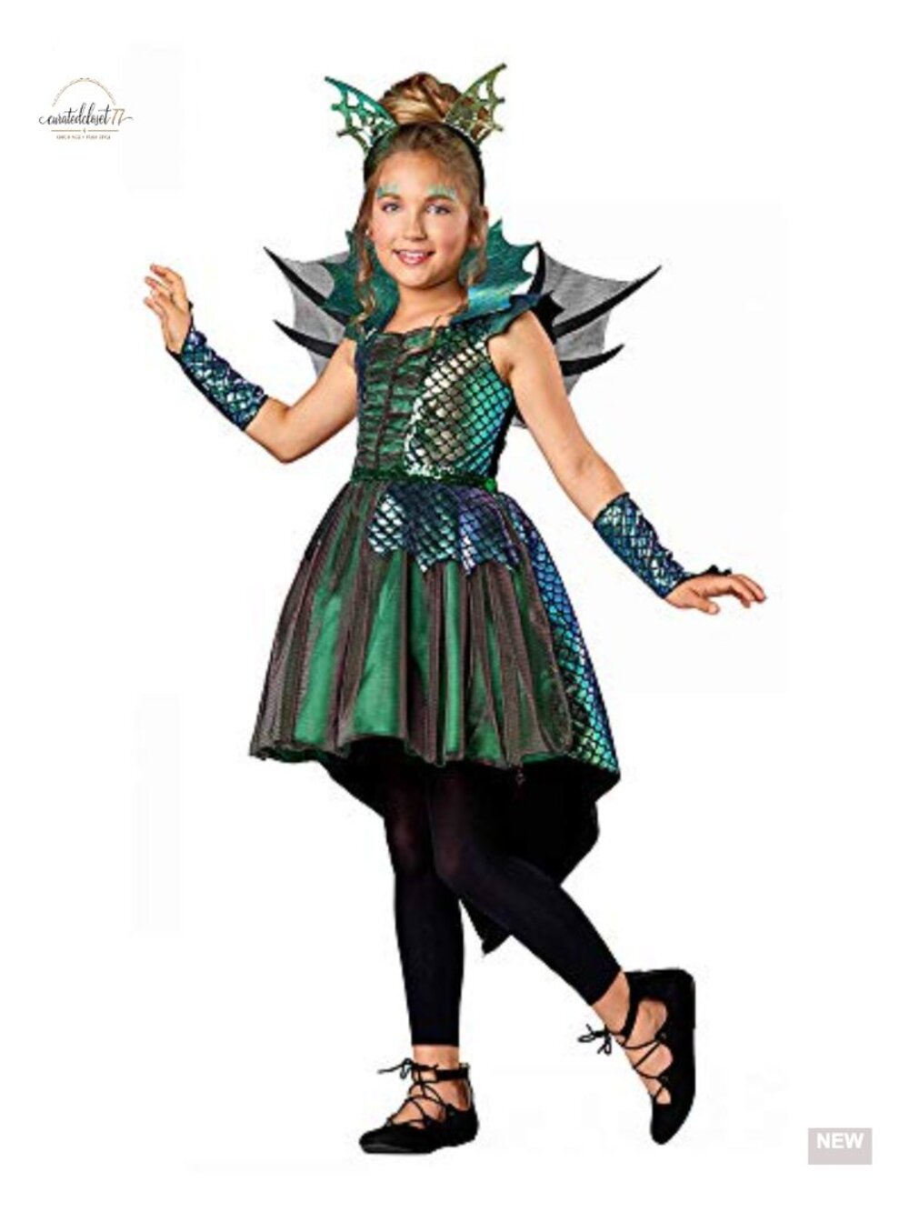 Girls Deluxe Dragon Costume Dress Wings Headpiece Belt Gloves